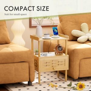 Amazer Nightstand with Charging Station, Bedside Table Bamboo with USB Ports & Outlets, Night Stand for Bedroom, End Table Living Room with Lift-Up Drawer & Open Shelf, Natural Color