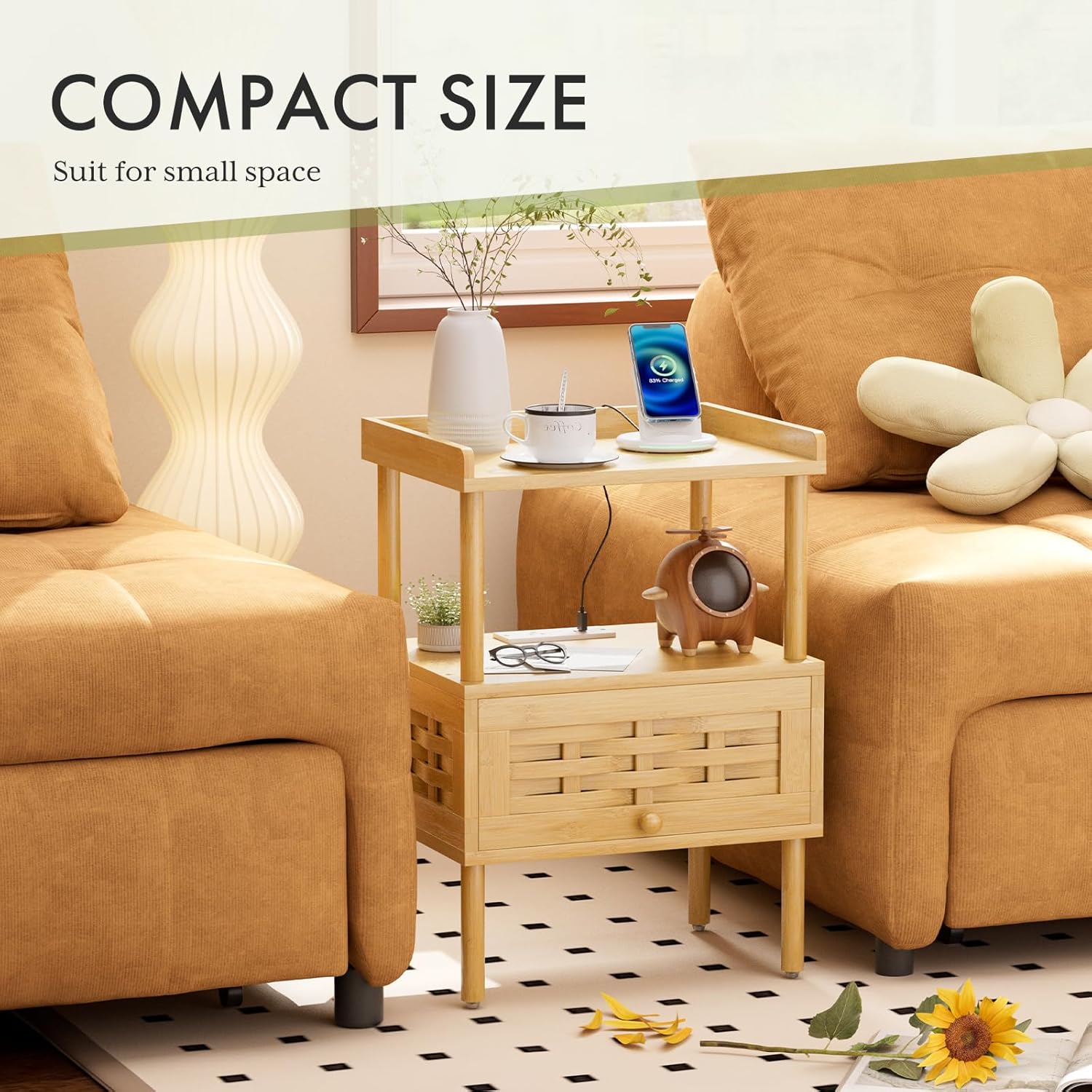 Amazer Nightstand with Charging Station, Bedside Table Bamboo with USB Ports & Outlets, Night Stand for Bedroom, End Table Living Room with Lift-Up Drawer & Open Shelf, Natural Color