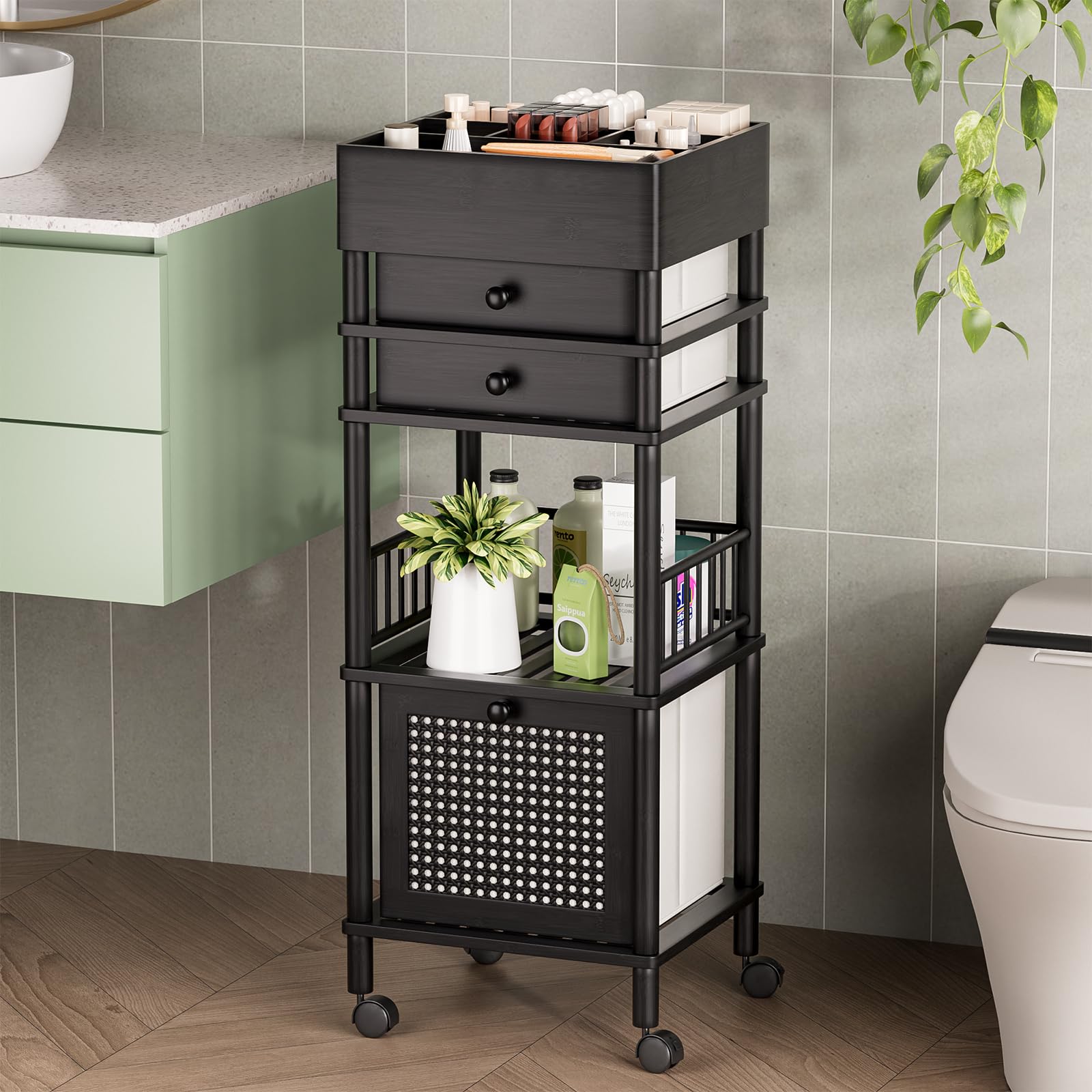 Amazer Bamboo Makeup Organizer Cart with 3 Drawers, Floor Skin Care Storage for Bathroom Bedroom, Rolling Vanity Organizer Cart for Cosmetic, Nail Polish, Perfume and Hair Tools