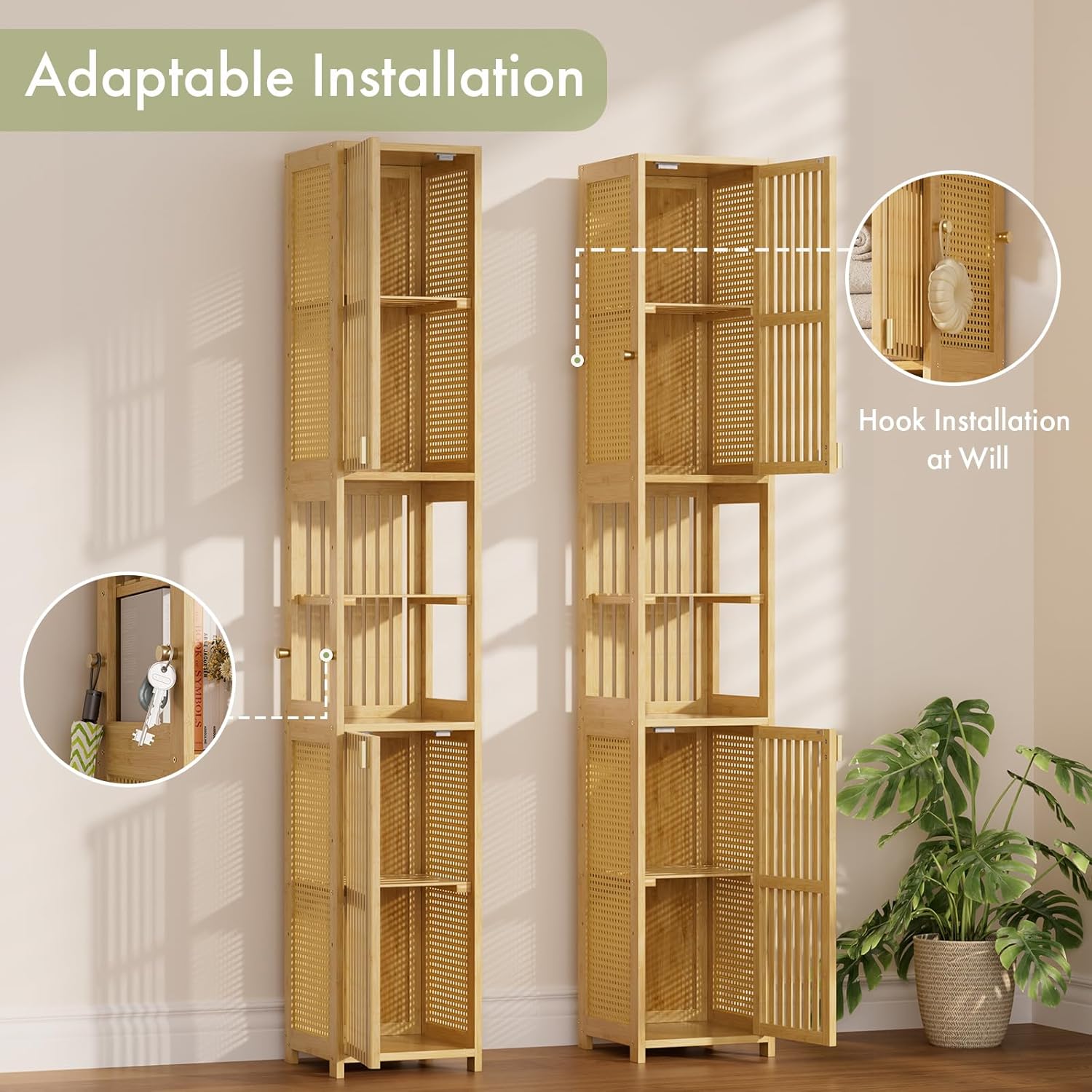 Amazer 70'' Tall Bathroom Storage Cabinet Bamboo, Narrow Storage Cabinet with Rattan Doors and Adjustable Shelves, Slim Freestanding Organizer for Living Room, Kitchen, Natural Color