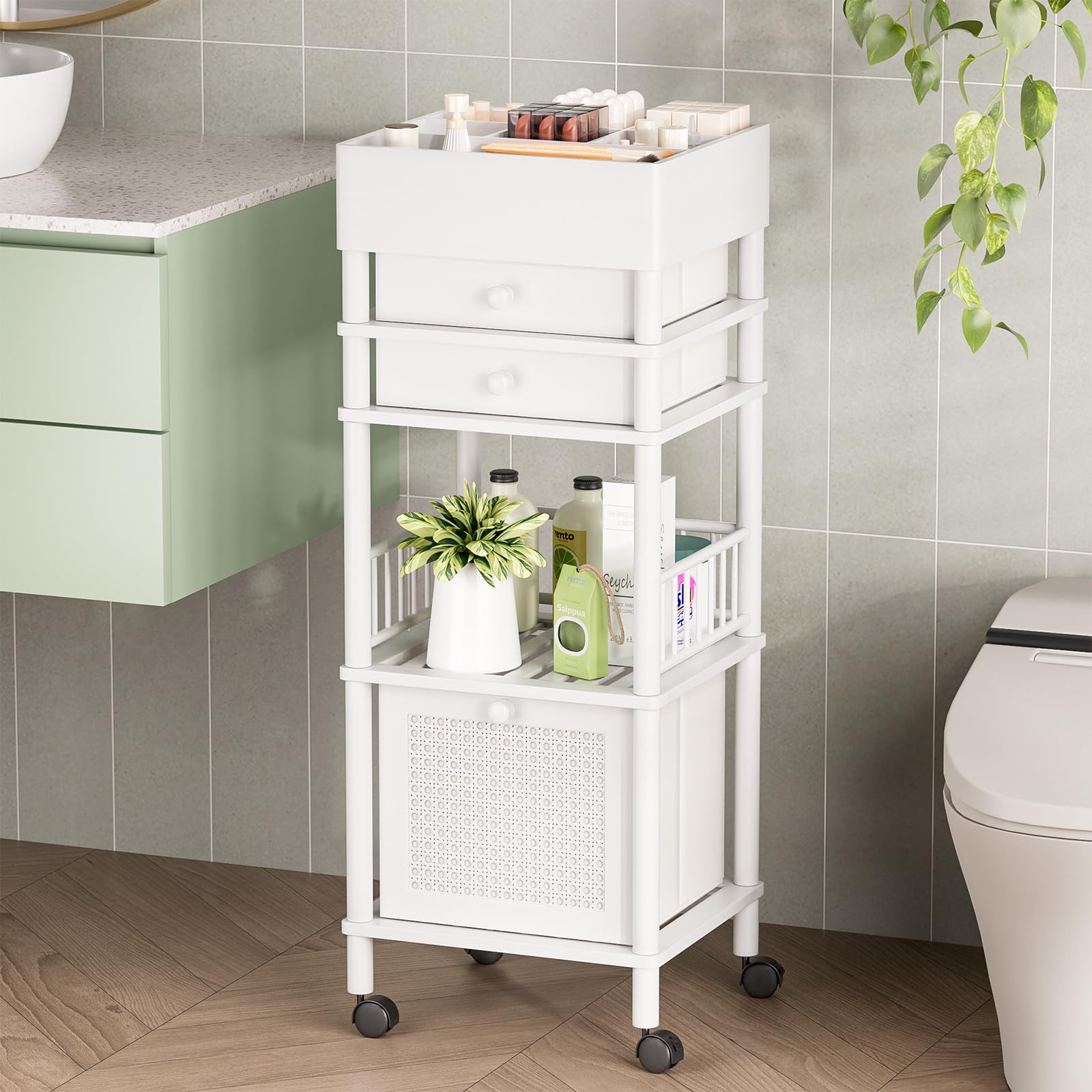 Amazer Bamboo Makeup Organizer Cart with 3 Drawers, Floor Skin Care Storage for Bathroom Bedroom, Rolling Vanity Organizer Cart for Cosmetic, Nail Polish, Perfume and Hair Tools