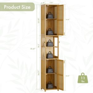 Amazer 70'' Tall Bathroom Storage Cabinet Bamboo, Narrow Storage Cabinet with Rattan Doors and Adjustable Shelves, Slim Freestanding Organizer for Living Room, Kitchen, Natural Color