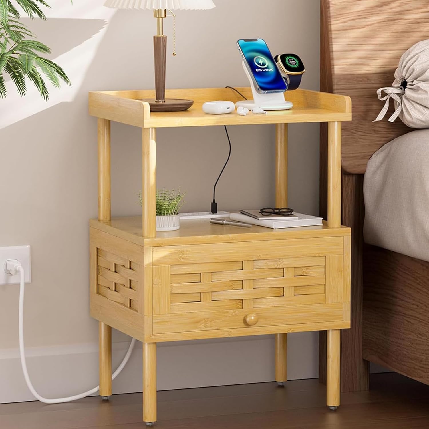 Amazer Nightstand with Charging Station, Bedside Table Bamboo with USB Ports & Outlets, Night Stand for Bedroom, End Table Living Room with Lift-Up Drawer & Open Shelf, Natural Color