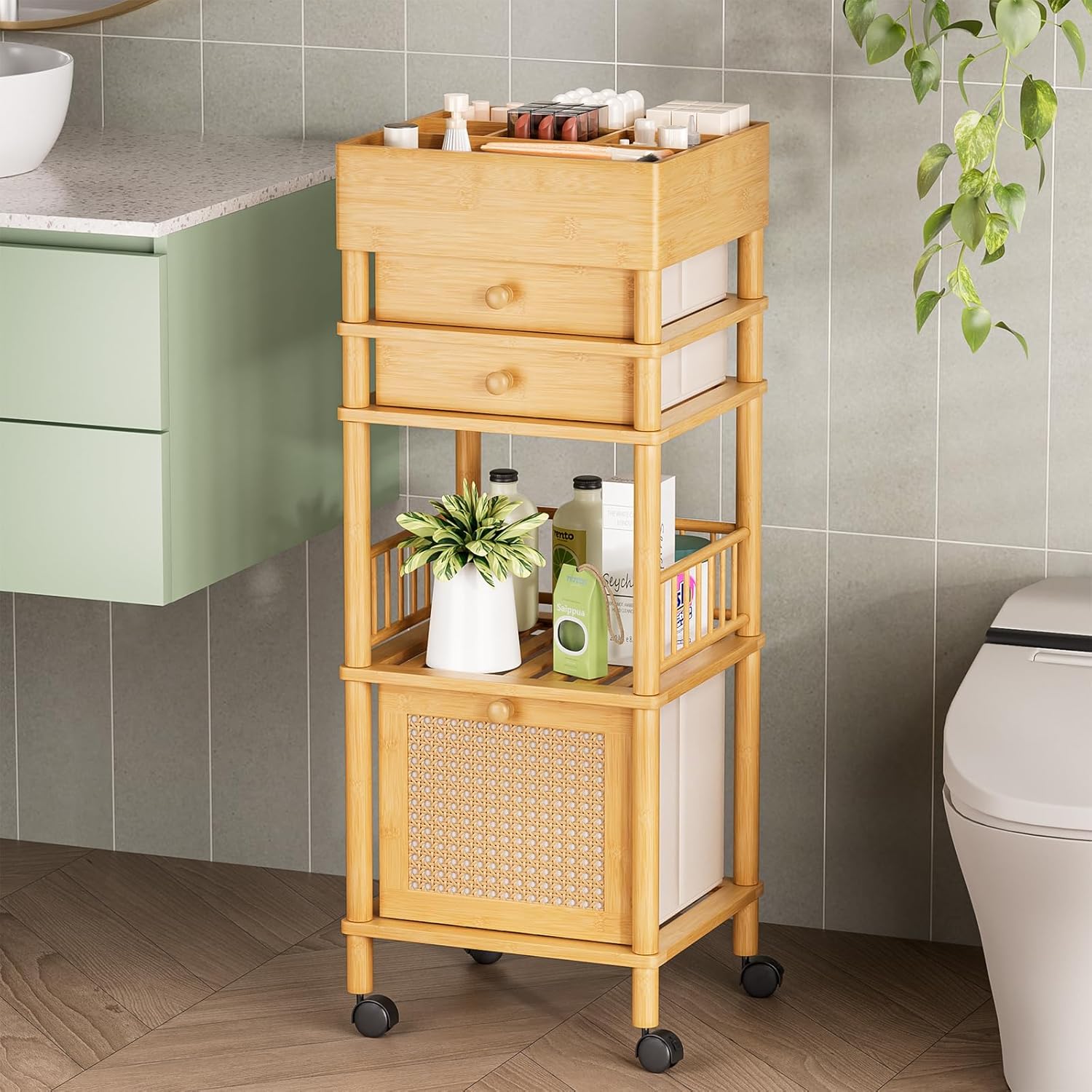 Amazer Bamboo Makeup Organizer Cart with 3 Drawers, Floor Skin Care Storage for Bathroom Bedroom, Rolling Vanity Organizer Cart for Cosmetic, Nail Polish, Perfume and Hair Tools