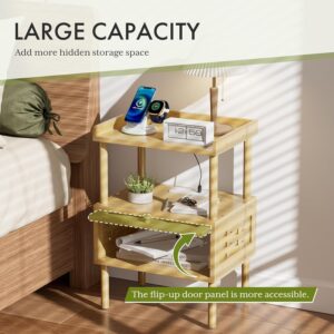 Amazer Nightstand with Charging Station, Bedside Table Bamboo with USB Ports & Outlets, Night Stand for Bedroom, End Table Living Room with Lift-Up Drawer & Open Shelf, Natural Color