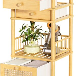 Amazer Bamboo Makeup Organizer Cart with 3 Drawers, Floor Skin Care Storage for Bathroom Bedroom, Rolling Vanity Organizer Cart for Cosmetic, Nail Polish, Perfume and Hair Tools
