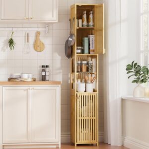 Amazer 70'' Tall Bathroom Storage Cabinet Bamboo, Narrow Storage Cabinet with Rattan Doors and Adjustable Shelves, Slim Freestanding Organizer for Living Room, Kitchen, Natural Color