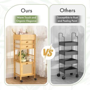 Amazer Bamboo Makeup Organizer Cart with 3 Drawers, Floor Skin Care Storage for Bathroom Bedroom, Rolling Vanity Organizer Cart for Cosmetic, Nail Polish, Perfume and Hair Tools