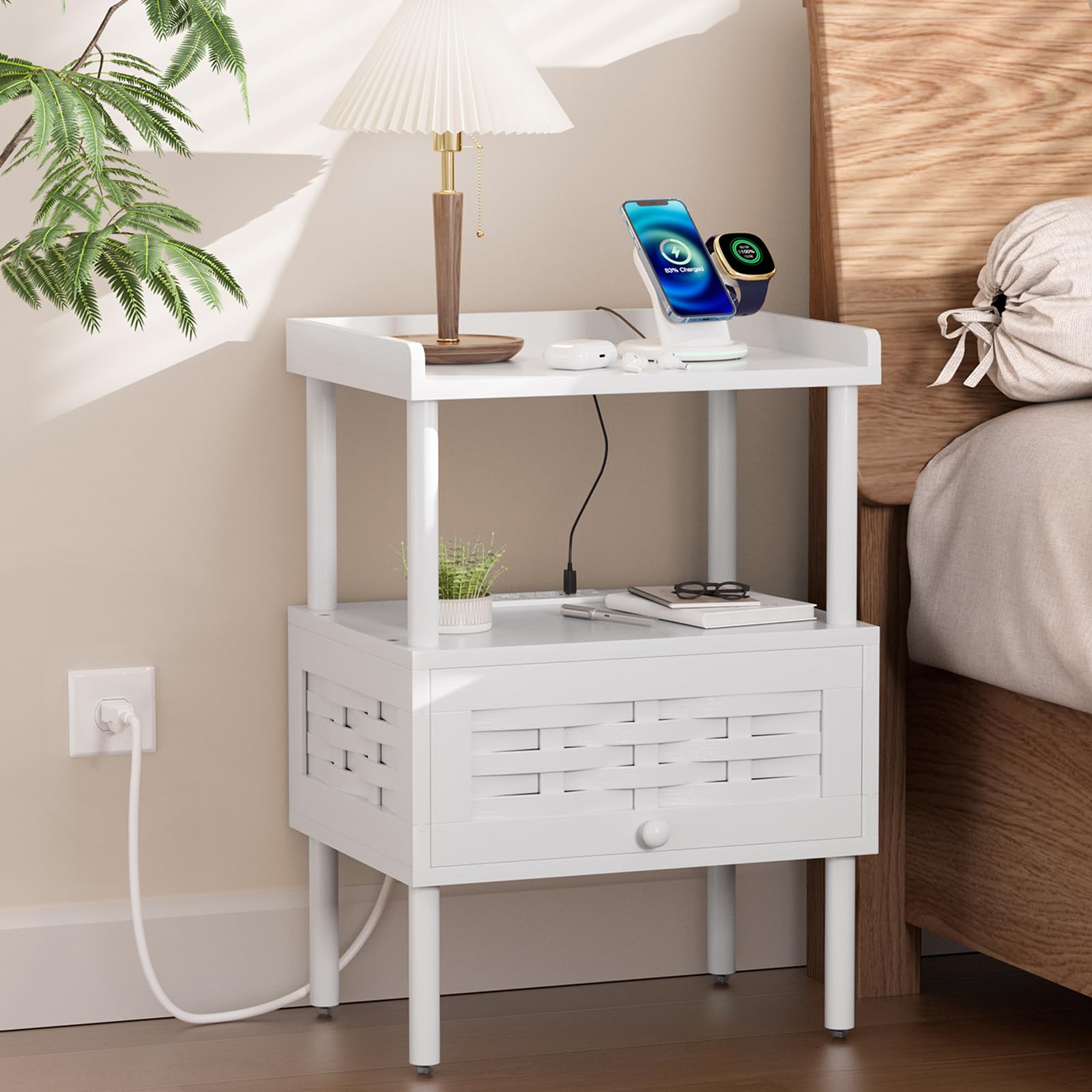 Amazer Nightstand with Charging Station, Bedside Table Bamboo with USB Ports & Outlets, Night Stand for Bedroom, End Table Living Room with Lift-Up Drawer & Open Shelf, Natural Color