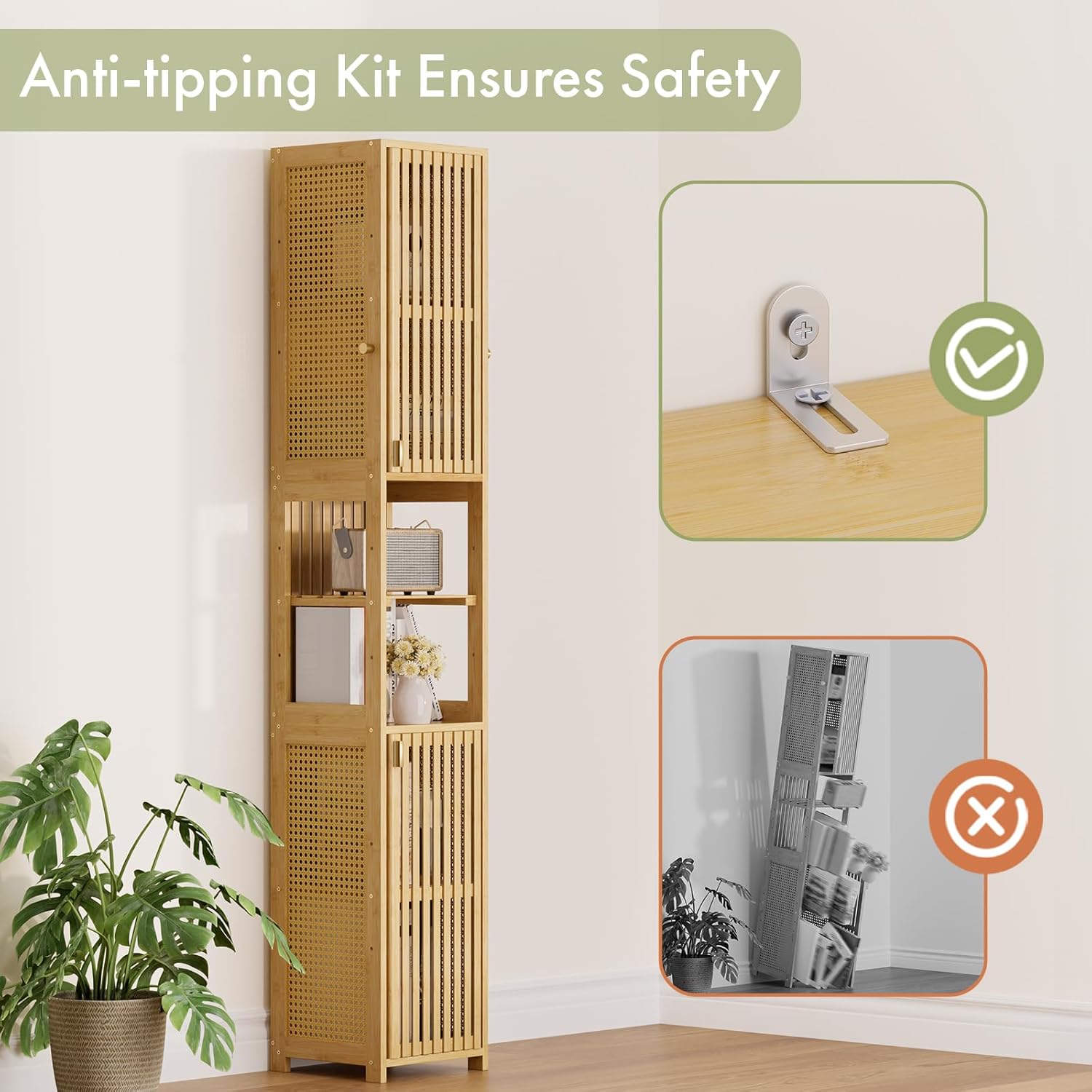 Amazer 70'' Tall Bathroom Storage Cabinet Bamboo, Narrow Storage Cabinet with Rattan Doors and Adjustable Shelves, Slim Freestanding Organizer for Living Room, Kitchen, Natural Color