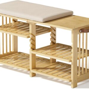 Amazer Bamboo Shoe Rack Bench, 3-Tier Shoe Bench Height Adjustable, Entry Bench with Side Storage Strap, Shoes Organizer Storage Bench, Shoe Shelf with Seat Cushion for Entryway, Living Room, Hallway