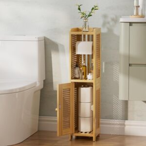 AmazerBath Toilet Paper Holder Cabinet, Bamboo Toilet Paper Holder Stand for Bathroom, Small Toilet Paper Storage Cabinet with Rattan Door, 30.3x7.8x7 inches