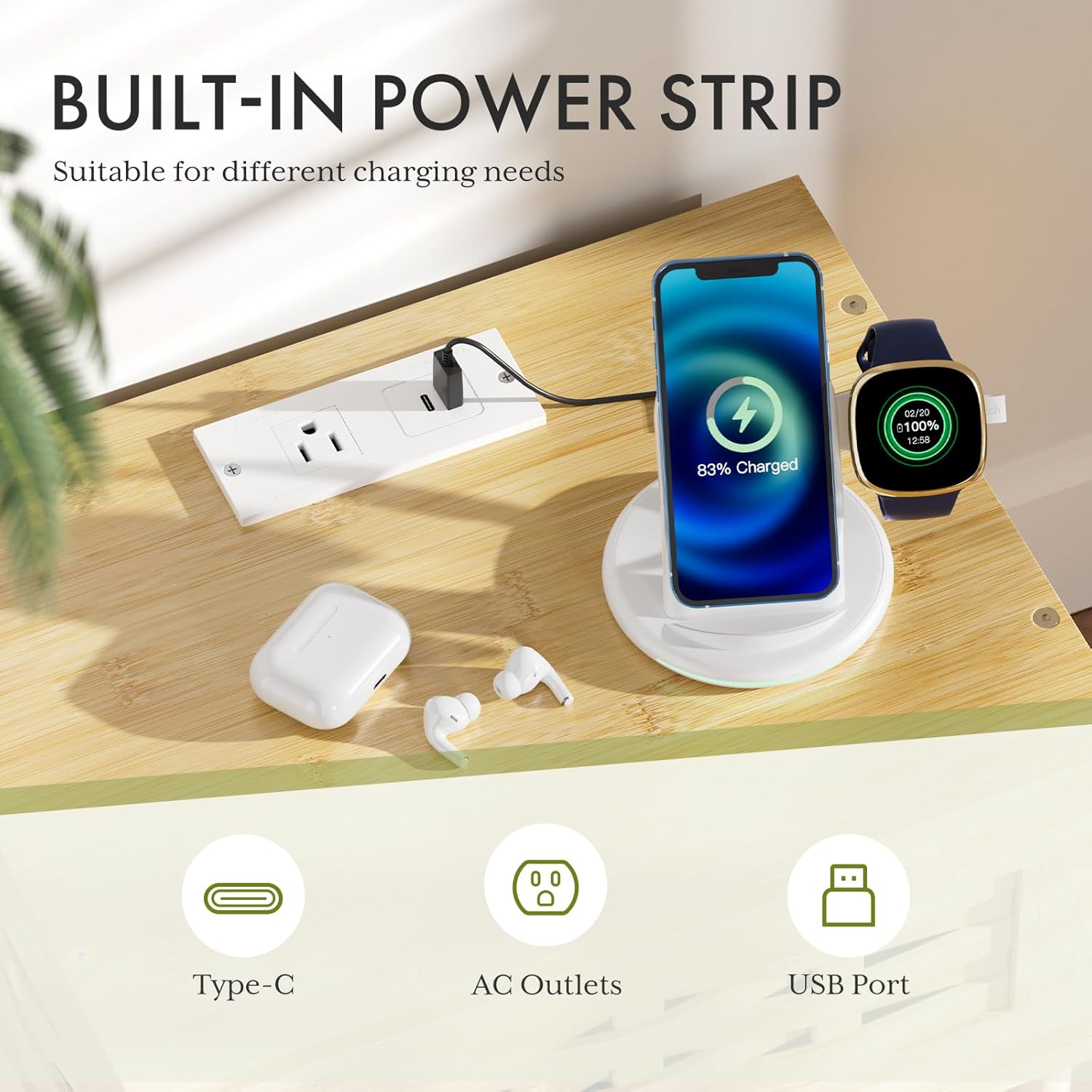 Amazer Nightstand with Charging Station, Bedside Table Bamboo with USB Ports & Outlets, Night Stand for Bedroom, End Table Living Room with Lift-Up Drawer & Open Shelf, Natural Color