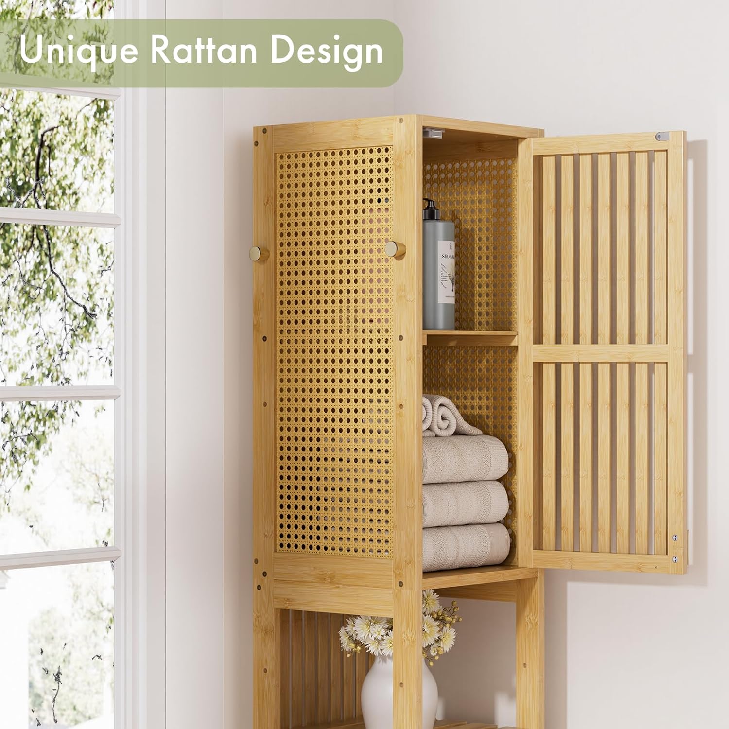 Amazer 70'' Tall Bathroom Storage Cabinet Bamboo, Narrow Storage Cabinet with Rattan Doors and Adjustable Shelves, Slim Freestanding Organizer for Living Room, Kitchen, Natural Color