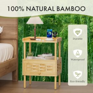 Amazer Nightstand with Charging Station, Bedside Table Bamboo with USB Ports & Outlets, Night Stand for Bedroom, End Table Living Room with Lift-Up Drawer & Open Shelf, Natural Color