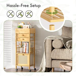 Amazer Bamboo Makeup Organizer Cart with 3 Drawers, Floor Skin Care Storage for Bathroom Bedroom, Rolling Vanity Organizer Cart for Cosmetic, Nail Polish, Perfume and Hair Tools