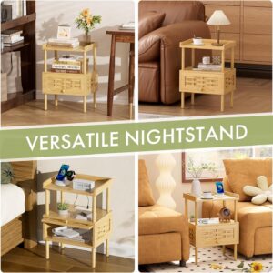 Amazer Nightstand with Charging Station, Bedside Table Bamboo with USB Ports & Outlets, Night Stand for Bedroom, End Table Living Room with Lift-Up Drawer & Open Shelf, Natural Color