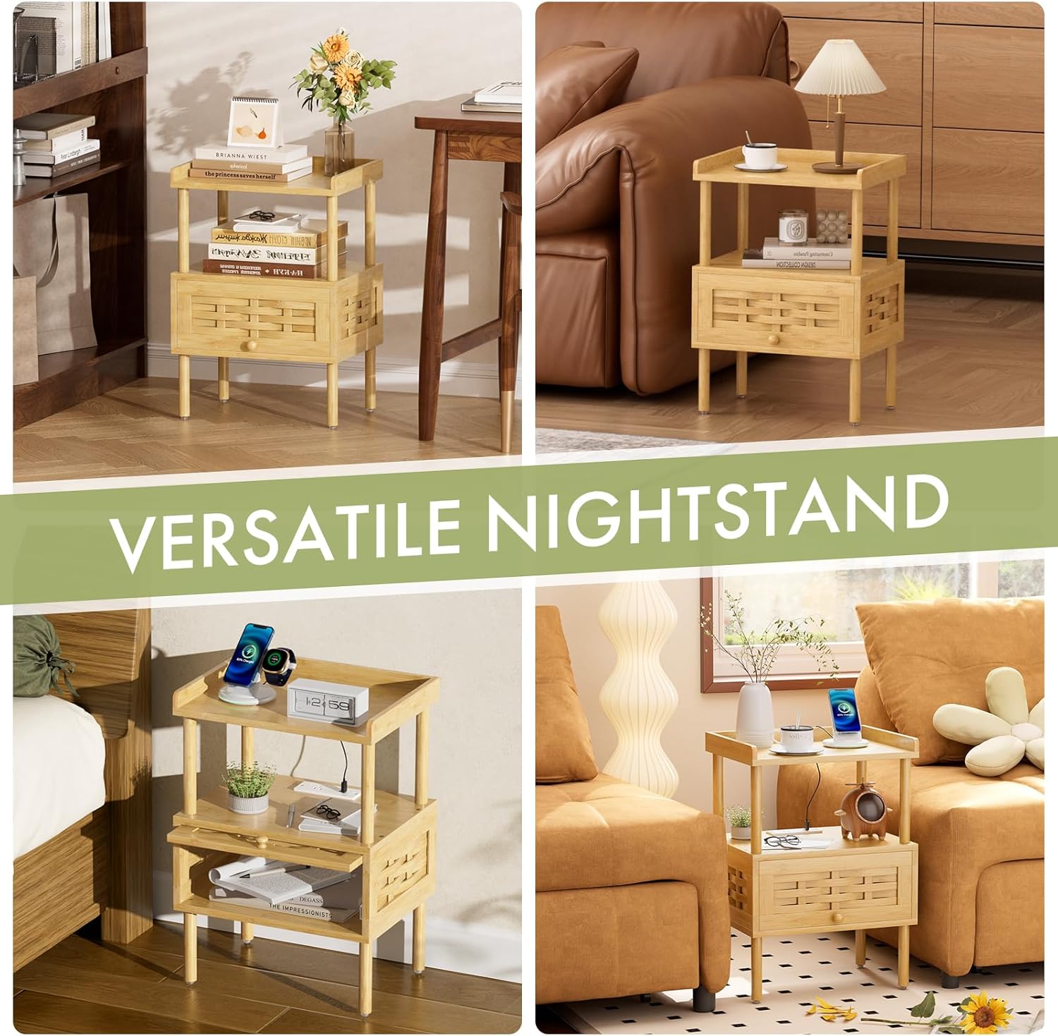 Amazer Nightstand with Charging Station, Bedside Table Bamboo with USB Ports & Outlets, Night Stand for Bedroom, End Table Living Room with Lift-Up Drawer & Open Shelf, Natural Color